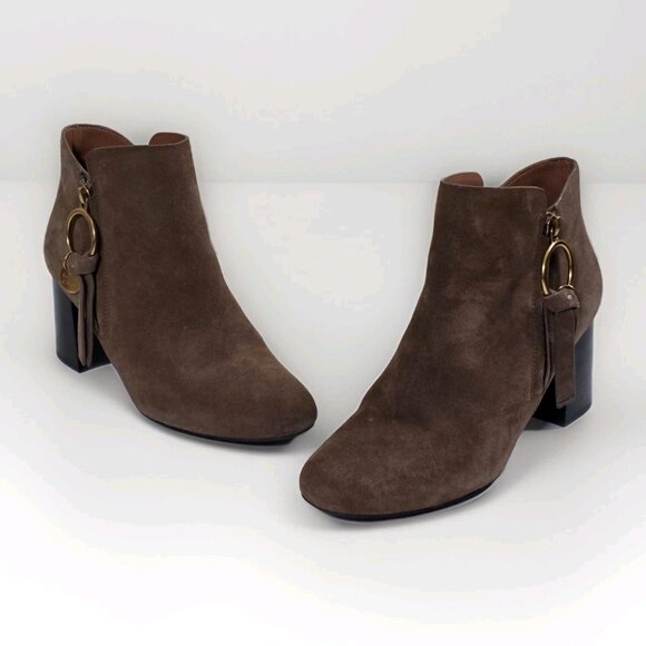 See By Chloe Brown Suede Ankle Booties US 8.5 EU 38.5 Spain Stacked Heel Elegant - Picture 1 of 16